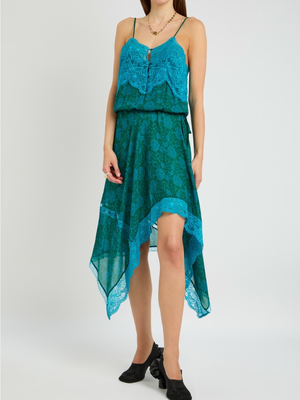 Dries Van Noten Dallie Turquoise Lace Chiffon Midi Dress NWT